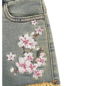 Shorts jeans ricamatI fiori pesco