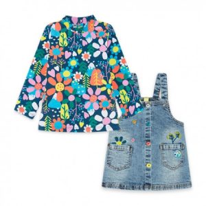 Salopette bambina in jeans e maglia floreale colorata