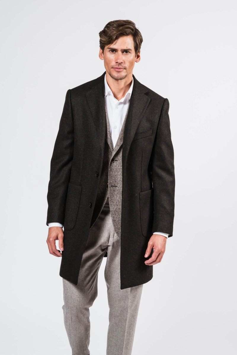 Cappotto uomo in lana spinato marrone - immagine 2