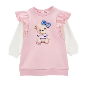 Abito Monnalisa rosa a in felpa di cotone stretch con volants e maniche lunghe bianche.