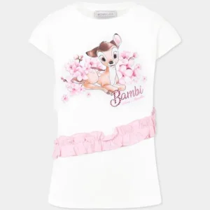 T-shirt bianca per bambina con Bambi e stampa floreale