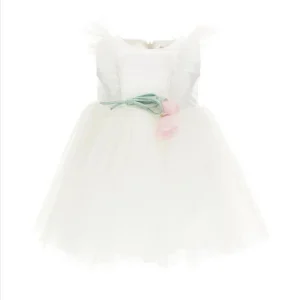 ABITO IN TULLE PLISSE' CON FIORE APPLICATO.
