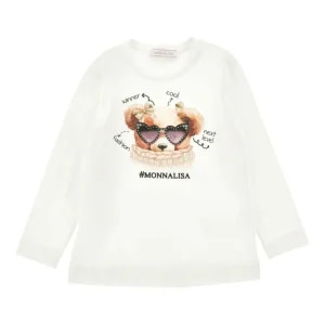 T-shirt avorio in cotone stretch a maniche lunghe con orsetto